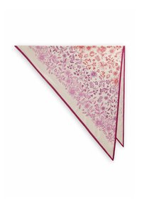 Écharpe à motif floral en crème, avec des fleurs dégradées roses et violettes. Finition avec une bordure bourgogne contrastante ; forme triangulaire.