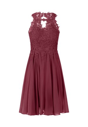 Abito borgogna con bodice in pizzo e ricami floreali, design senza maniche, schiena a chiave e gonna fluida. Tessuto testurizzato e leggero.