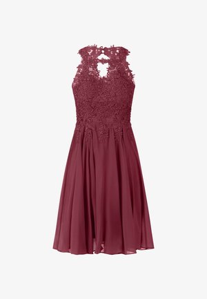 Abito borgogna con bodice in pizzo e ricami floreali, design senza maniche, schiena a chiave e gonna fluida. Tessuto testurizzato e leggero.