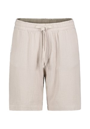 Light beige textured fabric shorts with elastic waistband and front drawstring tie.