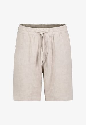 Hellbeige strukturierte Stoffshorts mit elastischem Bund und vorne zum Binden.