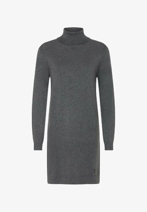 Pelēks turtlenekas kleita, izgatavota no mīksta dzijas materiāla. Tam ir garas piedurknes, piegulstoša silueta un smalka zīmola atpazīšana tuvāk apakšmalai.