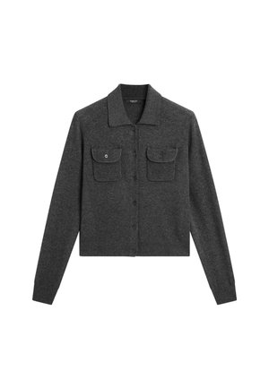Grijze wollen cardigan met een kraag, knoopsluiting en twee voorzakken. Heeft ribgebreide manchetten en een rechte zoom.