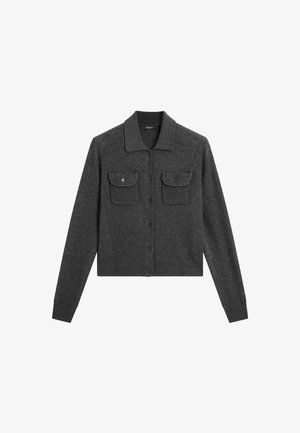 Gray wool cardigan with a collared neckline, button closure, and two front pockets. Features ribbed cuffs and a straight hem.