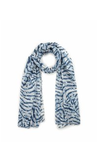 Écharpe légère et transparente avec un motif abstrait bleu et blanc, présentant des bords effilochés et un design fluide pour un style polyvalent.