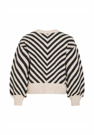 Béžový pulovr s černo-bílými cikcak proužky, kulatým výstřihem, nadýchanými rukávy a žebrovaným lemem.