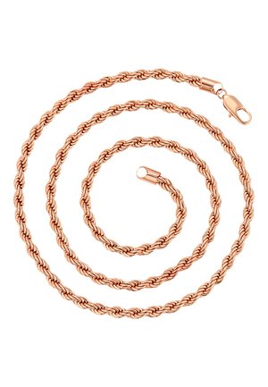 Collana in oro rosa a spirale con tre catene intrecciate, finitura lucidata e un gancio sicuro per la chiusura.