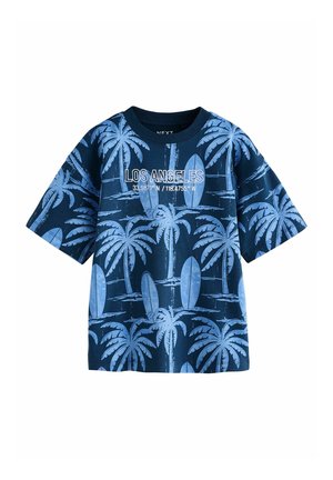 Marineblaue Baumwoll-T-Shirt mit Palmen- und Surfbrettmuster in Hellblau. Mit dem weißen Schriftzug "LOS ANGELES", rundem Ausschnitt und kurzen Ärmeln.