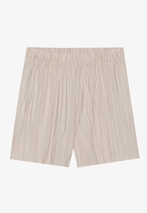 Șorturi plisate de culoare bej deschis, cu un elastic la talie și un material moale, ușor, cu un luciu subtil.