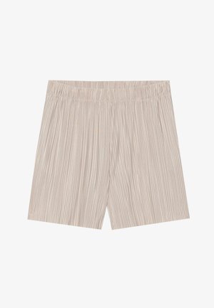 Pleadede shorts i en lys beige farge, med en elastisk midjebånd og et mykt, lett stoff med en subtil glans.