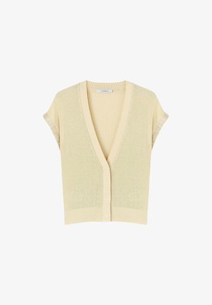 Cardigan senza bottoni a maniche corte di colore giallo chiaro. Texture lavorata a maglia con scollatura a V profonda e bordi a costine. Design casual e traspirante.