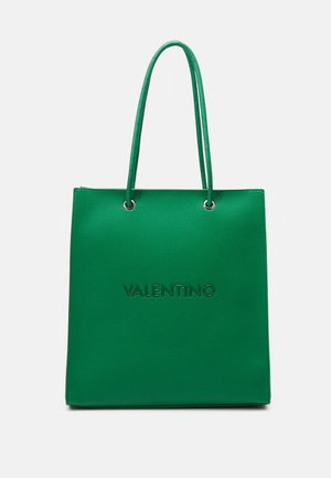 Green leather tote bag with embossed "VALENTINO" logo, features two sturdy handles and a textured finish, square shape.