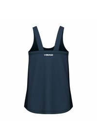 Canottiera blu navy con spalline larghe, corpino attillato e pannelli laterali in rete. Presenta un logo bianco "HEAD" sul davanti. Tessuto morbido.