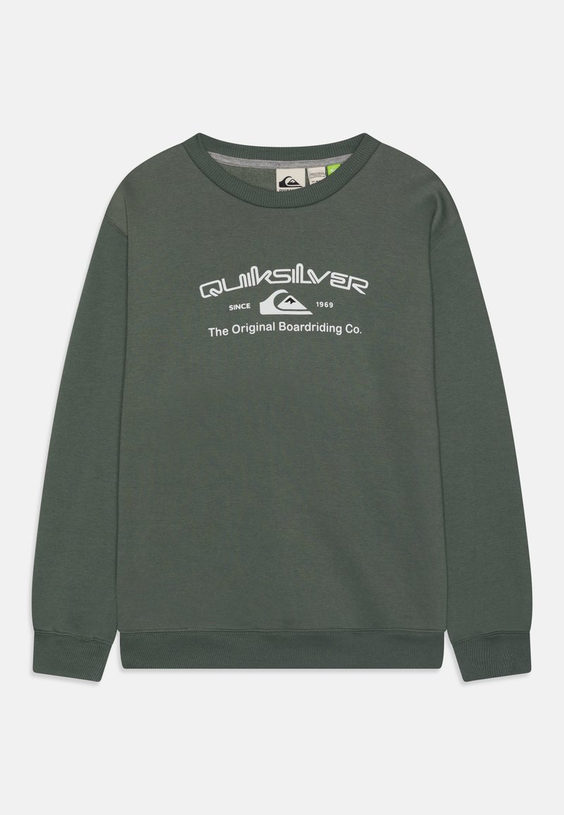 Felpa girocollo verde scuro con logo Quiksilver bianco e testo "Dal 1969 La Originale Boardriding Co." sul davanti.