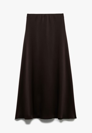 Long, dark brown A-line skirt with smooth fabric and a slight flare at the hem against a plain white background.
