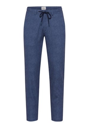 Men’s navy blue pinstripe casual pants with drawstring waist and front pockets, labeled with Brax brand tag at the waistband.