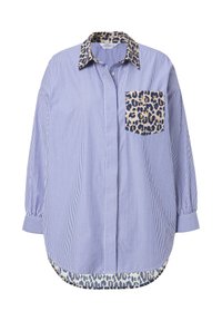 Camicia a righe blu e bianche con colletto e tasca a stampa leopardata. Presenta maniche lunghe, orlo arrotondato e vestibilità rilassata.