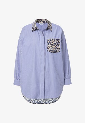 Blue and white striped shirt with leopard print collar and pocket. Features long sleeves, rounded hem, and relaxed fit.