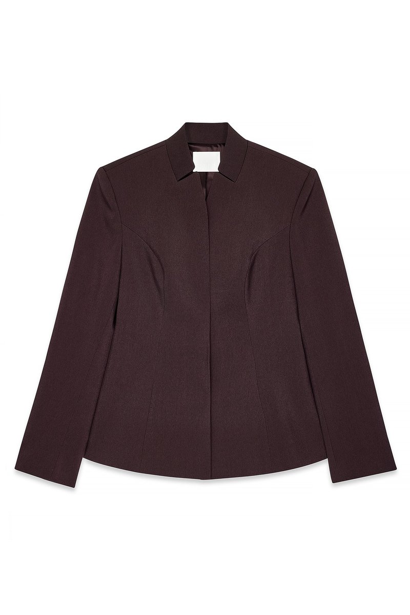 Brauner, taillierter Blazer mit schmaler Passform, scharfem Kragen, langen Ärmeln und strukturierten Nähten, aus einem glatten, strukturierten Stoff gefertigt.