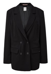 Blazer noir à double boutonnage avec revers crantés, deux poches avant à rabat et une poche poitrine passepoilée, taille 36, avec une doublure lisse.