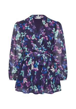 Blusa envolvente de flores moradas con mangas largas transparentes, escote en V y cinturón atado a la cintura, con estampados de flores azules, rosas y verdes.