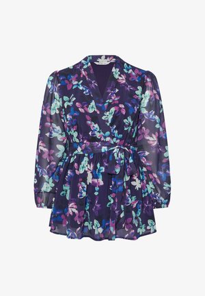 Blusa envolvente de flores moradas con mangas largas transparentes, escote en V y cinturón atado a la cintura, con estampados de flores azules, rosas y verdes.