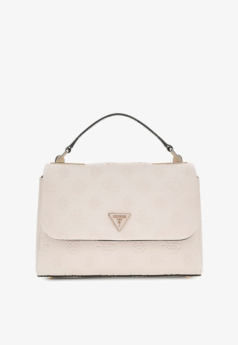 Sac à main en faux cuir rose clair avec un motif en relief, anse noire et accents dorés. La fermeture présente une plaque de logo triangulaire.