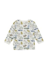 Långärmad skjorta i bomull med vit bakgrund. Har färgglada djurillustrationer i grönt, blått och brunt, med olika texturer.