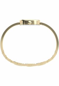 Gouden metalen horloge met een ronde wijzerplaat en een geprofileerde kroon. De band heeft een flexibele, gekoppelde design voor comfort en duurzaamheid.
