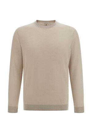 Beige crew neck sweater made of soft fabric. Features long sleeves and ribbed cuffs and hem for a snug fit. Smooth texture, minimal design.