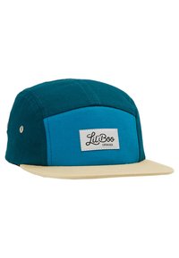 Blaues und teal-farbenes Cap mit einem flachen beigen Schirm, das mit einem gestickten Etikett und Metallösen zur Belüftung ausgestattet ist. Hergestellt aus einem Stoff mit glatter Textur.