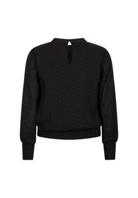 Pullover nero con un motivo a diamante testurizzato, maniche lunghe e apertura a chiave sulla schiena. Presenta polsini e orlo a costine.