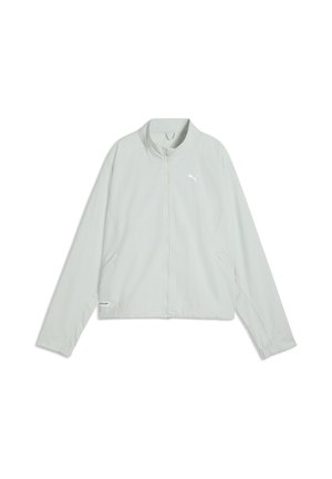 Lichtgrijze Puma jas met rits, lange mouwen, opstaande kraag, elastische manchetten, voorzakken en Puma-logo op de linkerbovenborst.