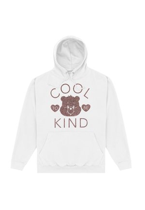 Biała bluza z kapturem z grafiką misia oraz napisem "FAJNIE BYĆ DOBRYM" w fakturowanym, błyszczącym brązie. Posiada kieszeń z przodu i kaptur ze sznurkiem.