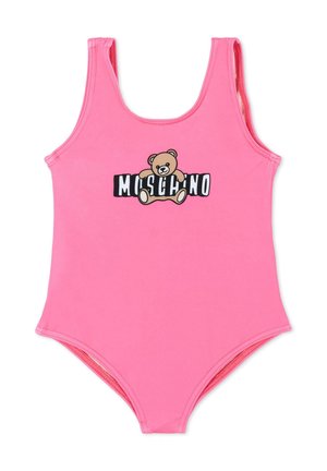 Maillot de bain une pièce rose avec un motif d'ourson et le texte « MOSCHINO » sur la poitrine, sans manches avec un décolleté en scoop.