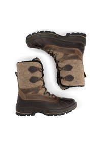 Bruine winterlaarzen met rubberen zolen, vilt bovenkant en zwarte bontafwerking. Kenmerken zijn een vetersluiting met metalen haken en geaccentueerde textuur.