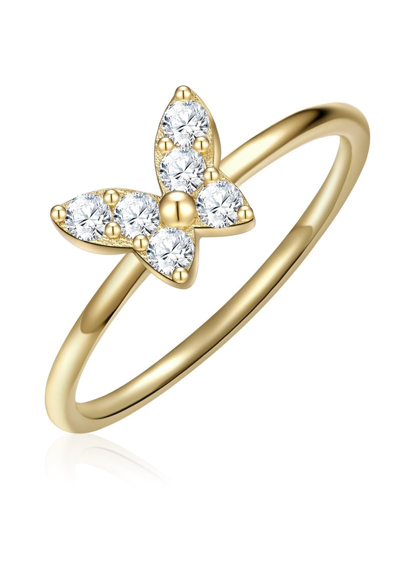 Zlatni prsten s dizajnom leptira ukrašen pet okruglih prozirnih dragulja i malim zlatnim akcentima, s glatkom trakom sa reflektirajućom završnom obradom.