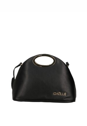Borsa in pelle nera con una maniglia a forma ovale, dettagli in hardware dorato e un logo sulla parte anteriore. Presenta una forma curva e una tracolla regolabile.