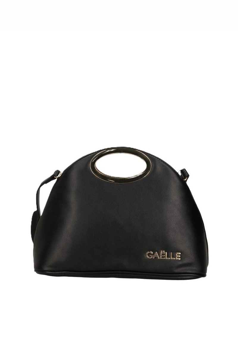 Borsa in pelle nera con una maniglia a forma ovale, dettagli in hardware dorato e un logo sulla parte anteriore. Presenta una forma curva e una tracolla regolabile.