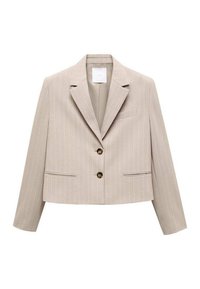Blazer beige à fines rayures avec un design court, des revers en encoche, une fermeture à deux boutons et des poches avant. Texture lisse et coupe ajustée.