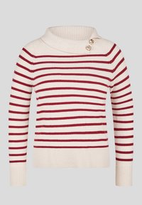 Cremefarbener Pullover mit roten horizontalen Streifen, ausgestattet mit einem weiten Kragen und zwei goldenen Knopf-Akzenten am Halsausschnitt. Gerippte Bündchen und Saum.