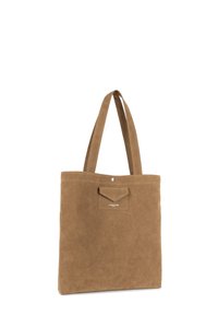 Borsa a spalla in suede marrone con due manici, dotata di una tasca anteriore e chiusura a scatto. Design semplice con una texture morbida.