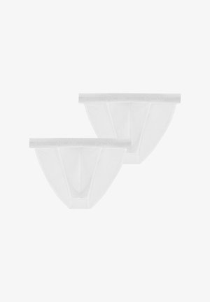 Twee paren witte herenonderbroeken gemaakt van lichtgewicht stof, met een zachte tailleband met een logo langs de bovenrand. Transparant en naadloos ontwerp.