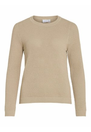 Beige sweater met een gestructureerd breipatroon, ronde halslijn en geribde manchetten. Het heeft een ontspannen pasvorm en is gemaakt van een zachte stof.