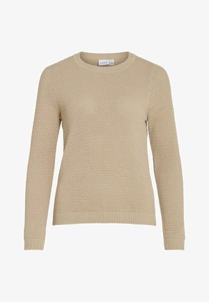 Beež sviiter, millel on tekstuuriga kootud muster, ümar kaelus ja soonikkoes varrukad. Sviiteril on lõdva istuvusega lõige ja see on valmistatud pehmest kangast.