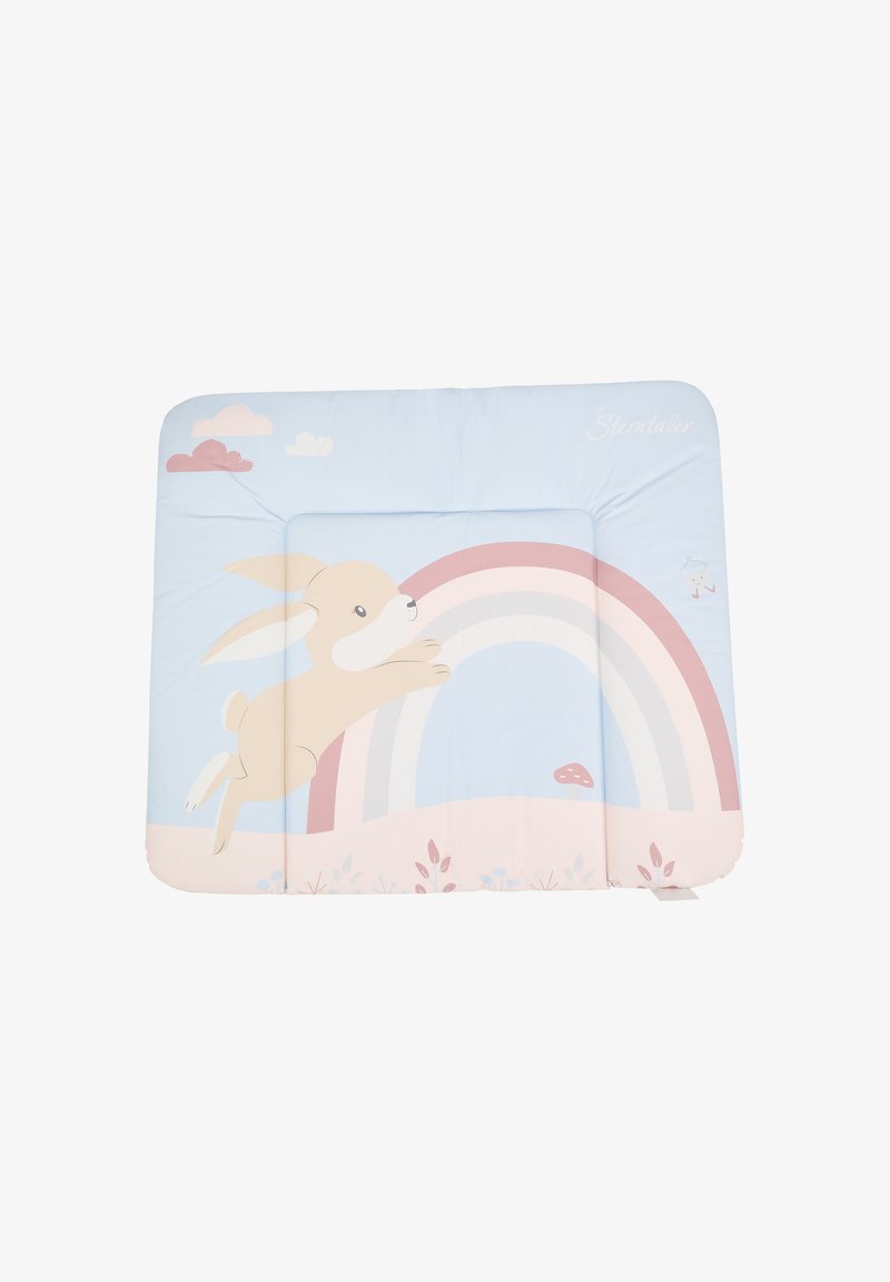 Soft, padded play mat in pastel blue with a jumping rabbit and rainbow design. Features floral accents and is made from durable fabric.