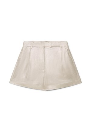 Beige Shorts mit hoher Taille, Gürtelschlaufen, vorderen Falten und Seitentaschen, gefertigt aus einem glatten, leicht strukturierten Stoff.