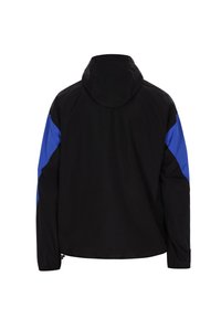 Sort jakke med blå sidelapper, der har hætte, lange ærmer og en glat tekstur. Enkel design uden synlige lukninger.