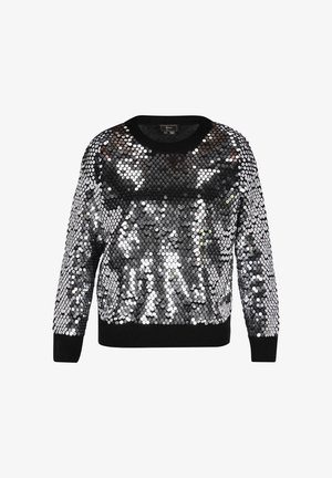 Pulover negru cu un față acoperită de paiete, paiete circulare argintii care reflectă lumina, cu un guler și manșete ribbate negre.