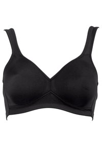 Sujeción wireless negra con tirantes ajustables, copas sin costuras y una tela suave y elástica. Presenta una banda ancha y un detalle de costura minimalista.